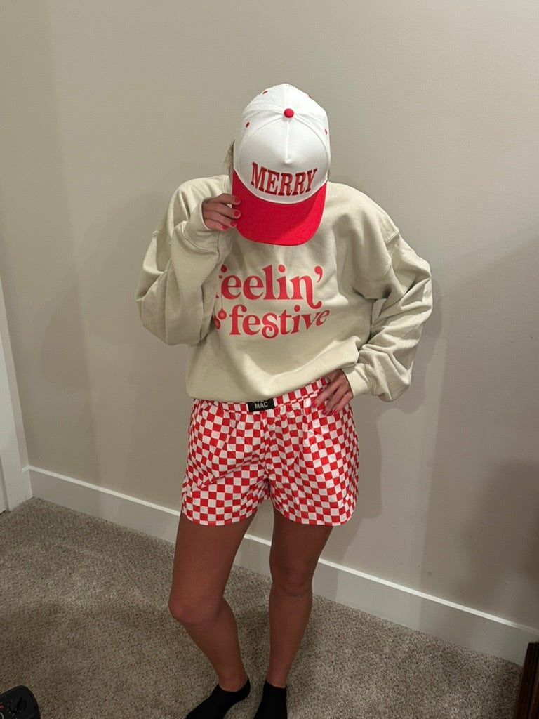 Feelin' Festive, Christmas Sweatshirt, Holiday Sweatshirt: L / Sand/Red Text