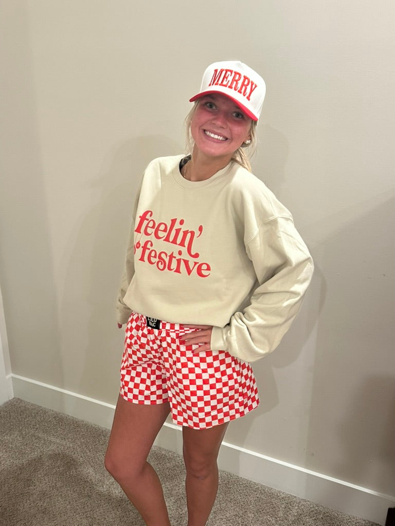 Feelin' Festive, Christmas Sweatshirt, Holiday Sweatshirt: L / Sand/Red Text
