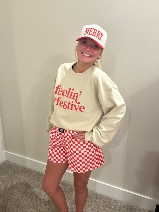 Feelin' Festive, Christmas Sweatshirt, Holiday Sweatshirt: XL / Sand/Red Text